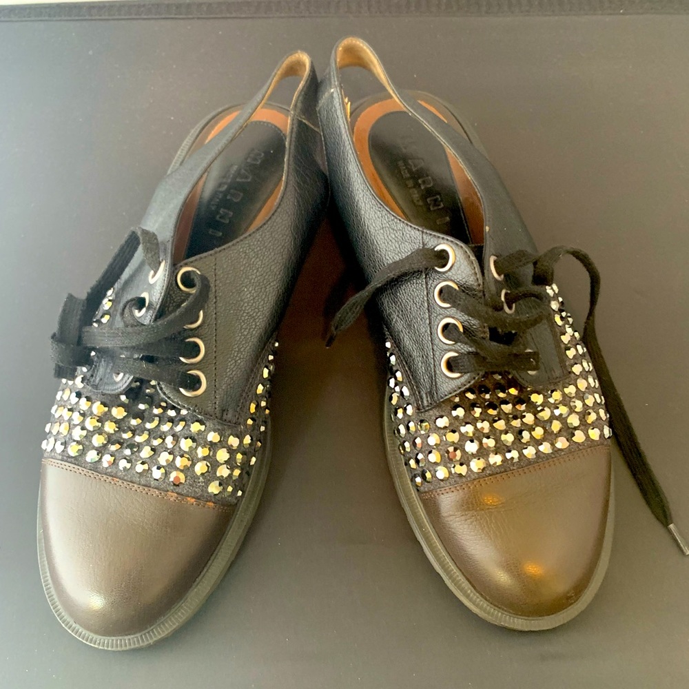 Vintage Marni Jewel Studded Lace Up Leather Upper Fussbett Sabot Slingback Sz 11